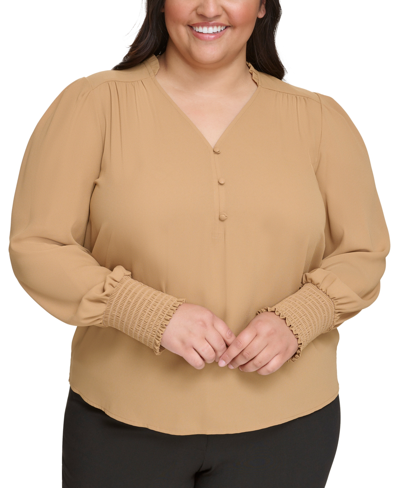 Calvin Klein Plus Size Long-sleeve V-neck Pullover Top In Luggage