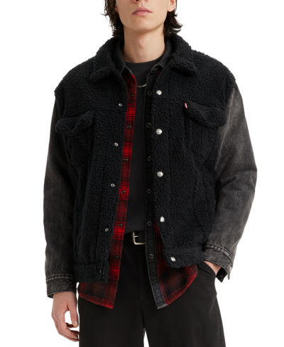 Levi's Men's Relaxed Fit Hybrid Trucker Jacket In Black  Days Of Night Hybrid Sherpa