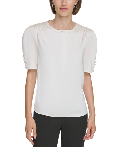 Calvin Klein Petite Crewneck Short-button-sleeve Top In Cream