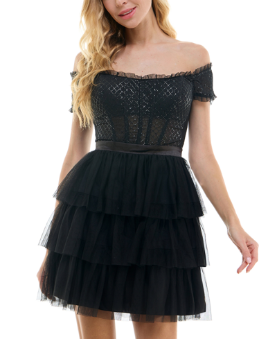 City Studios Juniors' Tiered Mesh Off-the-shoulder Fit & Flare Dress, Created For Macy's In Black