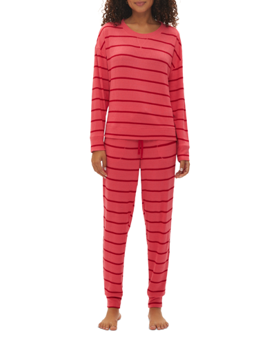 Gap Body Women's 2-pc. Notched-collar Long-sleeve Pajamas Set In Rosehip With Red Stripe