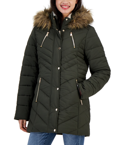 Maralyn & Me Juniors' Trendy Plus Size Faux-fur-trim Hooded Puffer Coat, Created For Macy's In Olive