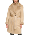 DKNY WOMEN'S PETITE BELTED NOTCHED-COLLAR FAUX-SHEARLING COAT