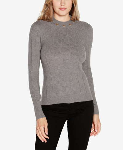 Belldini Women's Ribbed Grommet Full Sleeve Sweater In Heather Gray