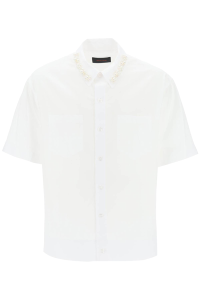 Simone Rocha Faux Pearl-embellished Logo-print Cotton-poplin Shirt In White