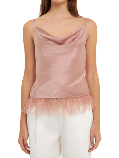 Endless Rose Women's Satin Cowl Neck Top With Feather In Mauve