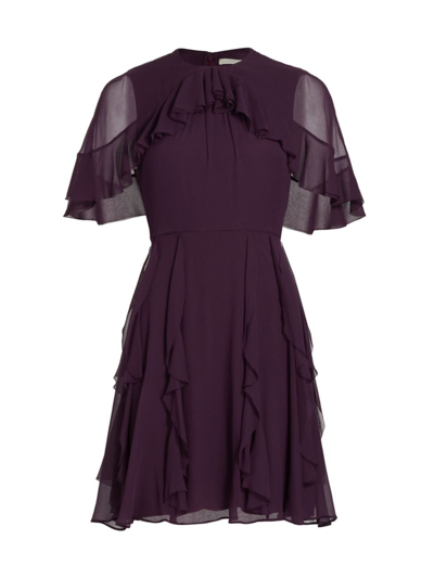 Jason Wu Short Sleeve Chiffon Dress With Cape & Ruff In Plum In Purple