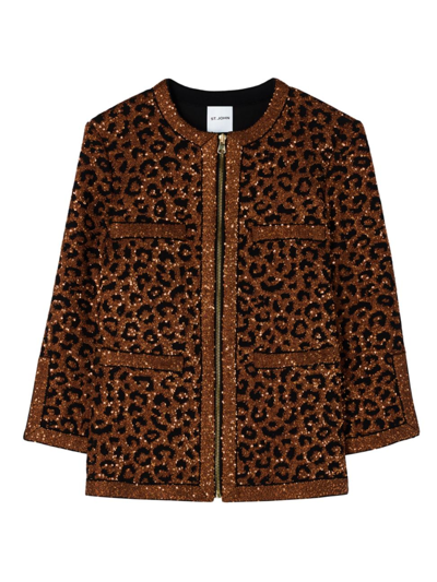 St John Leopard Paillette Knit Jacket In Caramel/copper Multi