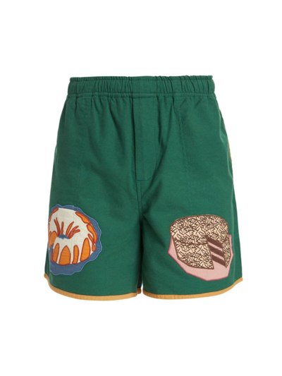 Bode Straight-leg Appliquéd Cotton-canvas Shorts In Green