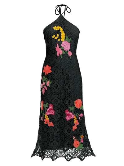 Mestiza New York Crochet Lace Halter Midi Dress With Embroidered Flowers In Black Multi