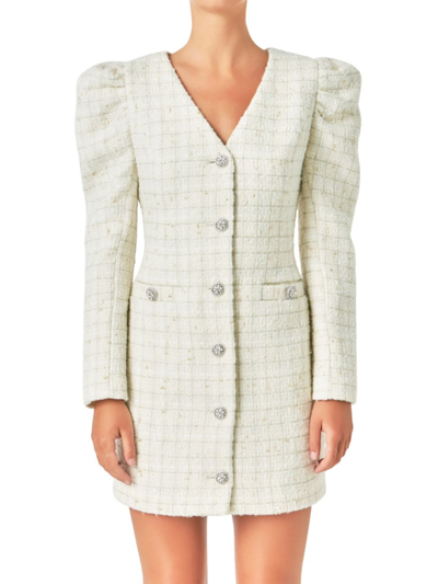 Endless Rose Premium Long Sleeve Tweed Mini Dress In Ivory