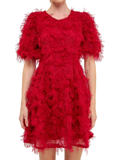 Endless Rose Feathered Mesh Puff Sleeve Minidress In Wine