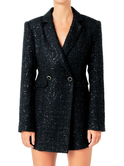 Endless Rose Sequin Tweed Long Sleeve Blazer Minidress In Black