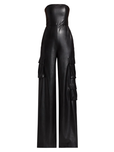 Alice And Olivia Emelda Strapless Vegan Leather Cargo Jumpsuit In Black