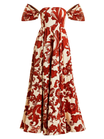 Mestiza New York Odette Scroll-print Off-shoulder Gown In Red Ivory