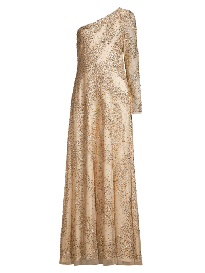 Aidan Mattox Beaded One-shoulder Gown In Light Gold