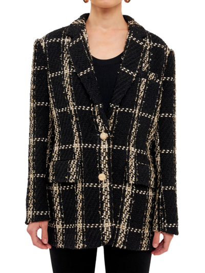 Endless Rose Tweed Oversized Double Button Blazer In Black