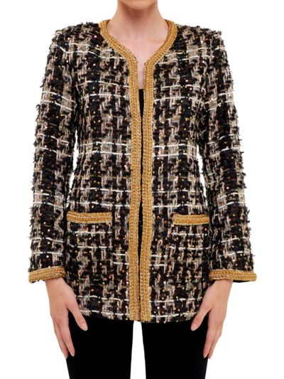 Endless Rose Premium Sequin Tweed Jacket In Black Multi