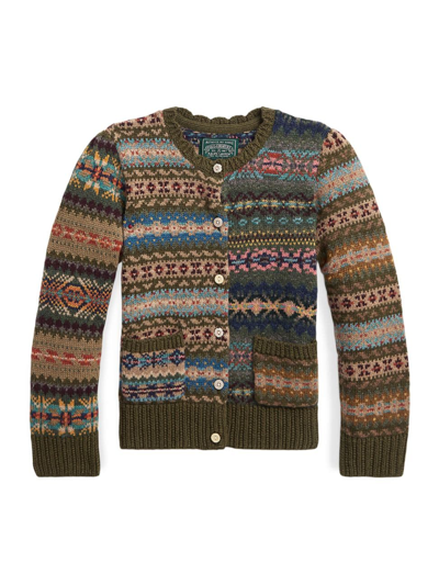 Polo Ralph Lauren Little Girl's & Girl's Mixed-pattern Wool-blend Cardigan In Olive Heather Multi