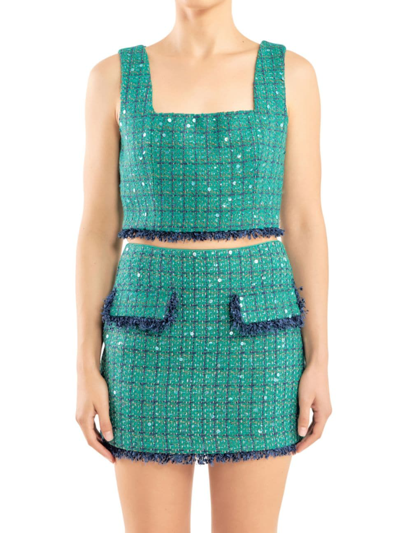 Endless Rose Premium Fringe Tweed Crop Tank In Green Navy