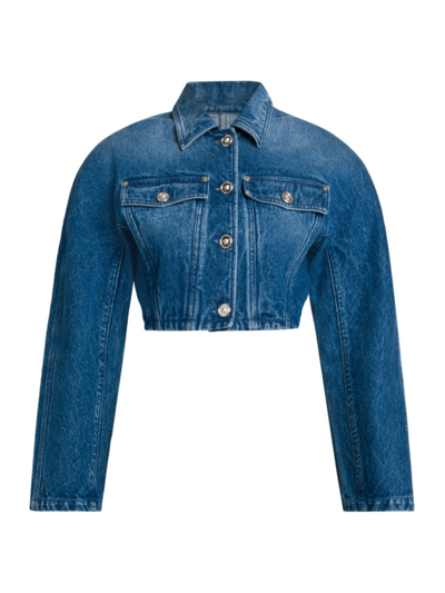 Versace Stone-washed Crop Denim Jacket In Medium Blue