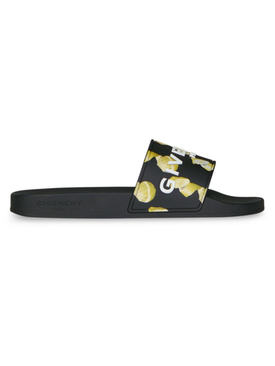 Givenchy Men's Slide Flat Sandals In Rubber With Lemons Print In Black Yellow