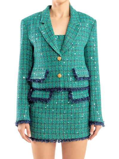Endless Rose Premium Cropped Sequin Tweed Jacket In Green Navy