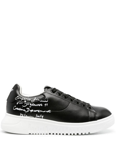 Emporio Armani Calligraphy-print Leather Sneakers In Black