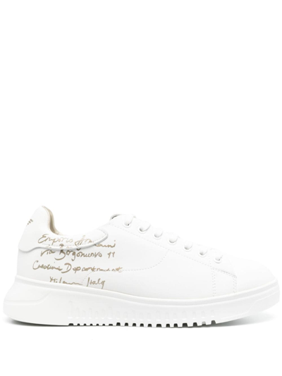 Emporio Armani Calligraphy-print Leather Sneakers In White
