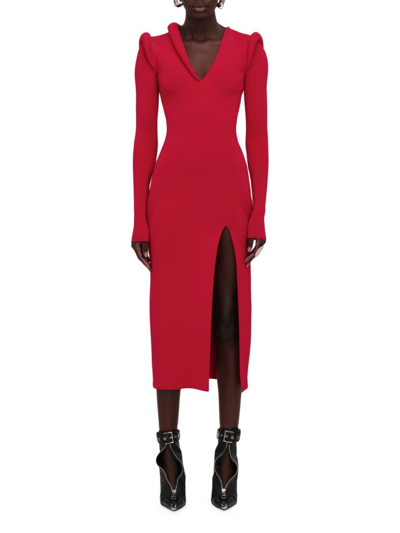 Alexander Mcqueen Women's Ribbed Long Sleeve Midi-dress In Red