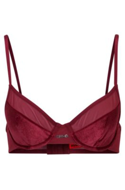 Hugo Mixed-material Underwired Bra With Foil Logo In Dark Red