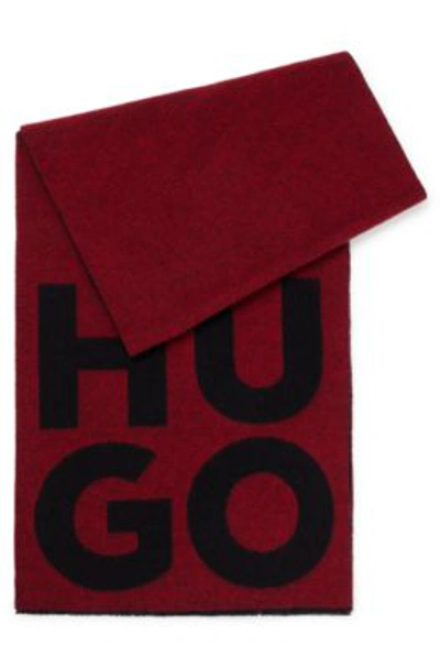 Hugo Wool-blend Scarf With Stacked Logo And Fringing In Light Pink