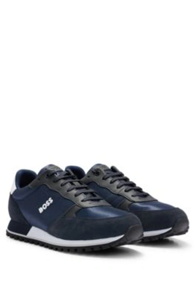Hugo Boss Mixed-material Trainers With Faux-leather Trims In Dark Blue