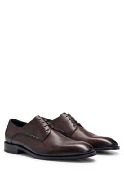 Hugo Boss Grained-leather Derby Shoes With Cap Toe In Dark Brown