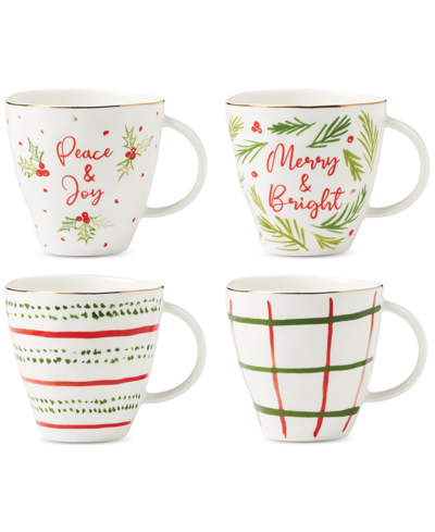 Lenox Bayberry Printed Mix-and-match Porcelain Mugs, Set Of 4 In Red  Green And Ivory