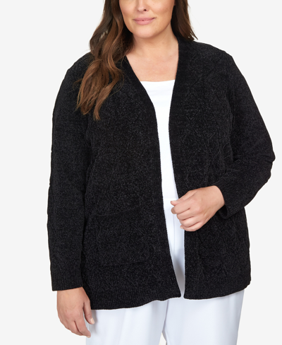 Alfred Dunner Plus Size Classics Chenille Long Open Cardigan Sweater In Black