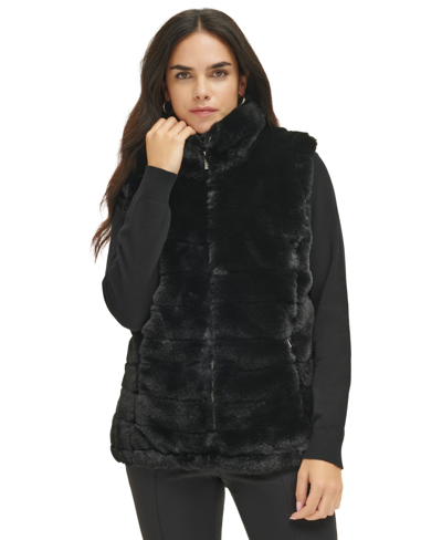 Calvin Klein Womens Mixed Media Faux Fur Puffer Vest In Cafe