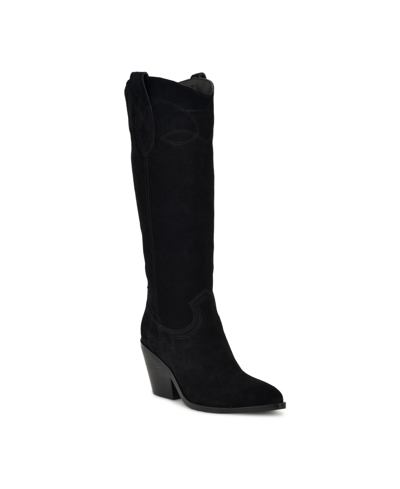 Nine West Women's Smash Stacked Block Heel Cowboy Boots In Black Suede