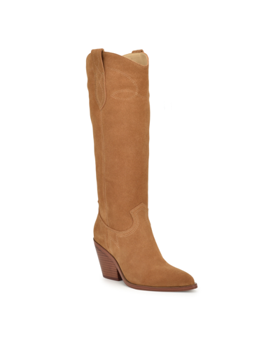 Nine West Women's Smash Stacked Block Heel Cowboy Boots In Medium Natural Suede