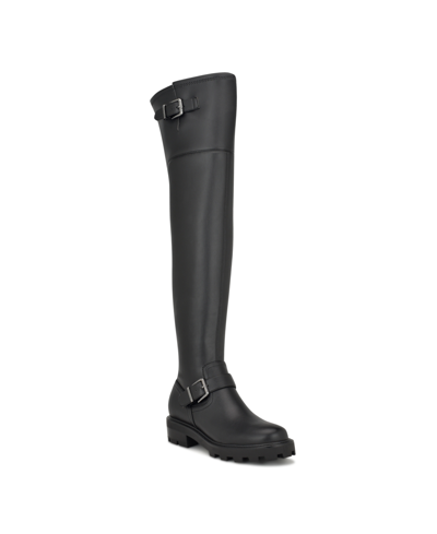Nine West Women's Nans Lug Sole Casual Over The Knee Boots In Black Smooth - Faux Leather - Polyuretha