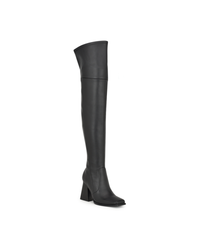 Nine West Women's Begone Block Heel Over The Knee Dress Boots In Black Smooth- Faux Leather