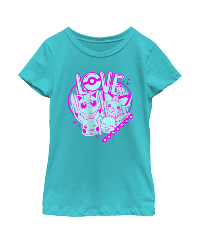 Nintendo Girl's Pokemon Love Heart Neon Child T-shirt In Tahiti Blue