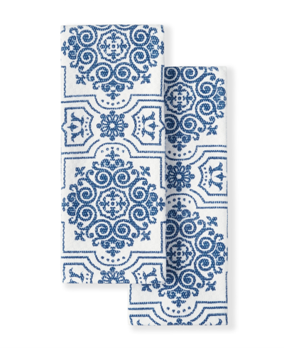 Martha Stewart Strie Medallion Dual Purpose Kitchen Towel 2-pack Set, 16" X 28" In Navy Blue
