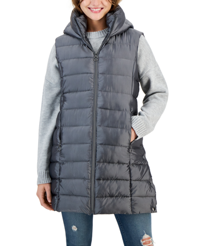 Maralyn & Me Juniors' Long Shine Hooded Puffer Vest In Smoked Pearl
