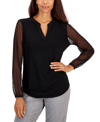Kasper Petites Womens Flocked Mesh Sleeve Blouse In Black