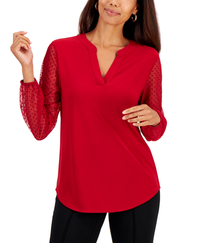 Kasper Women's Sheer-sleeve Split-neck Knit Top In Fire Red