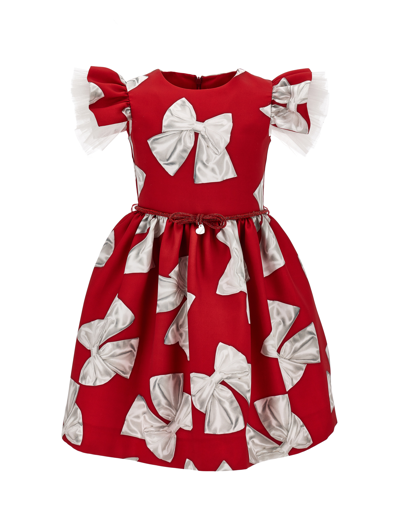 Monnalisa Maxi Bows Mikado Dress In Ruby Red