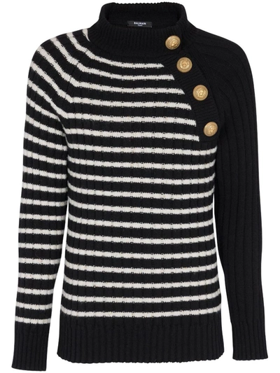 Balmain Striped Sweater With Gold Buttons In Black