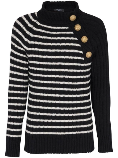 Balmain Embossed-button Striped Jumper In Black Natural