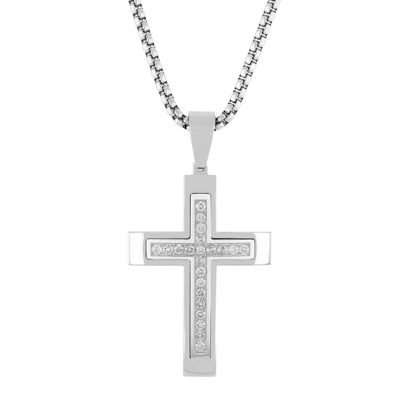 Robert Alton 1ctw Diamond Stainless Steel Stacked Cross Pendant In Silver-tone